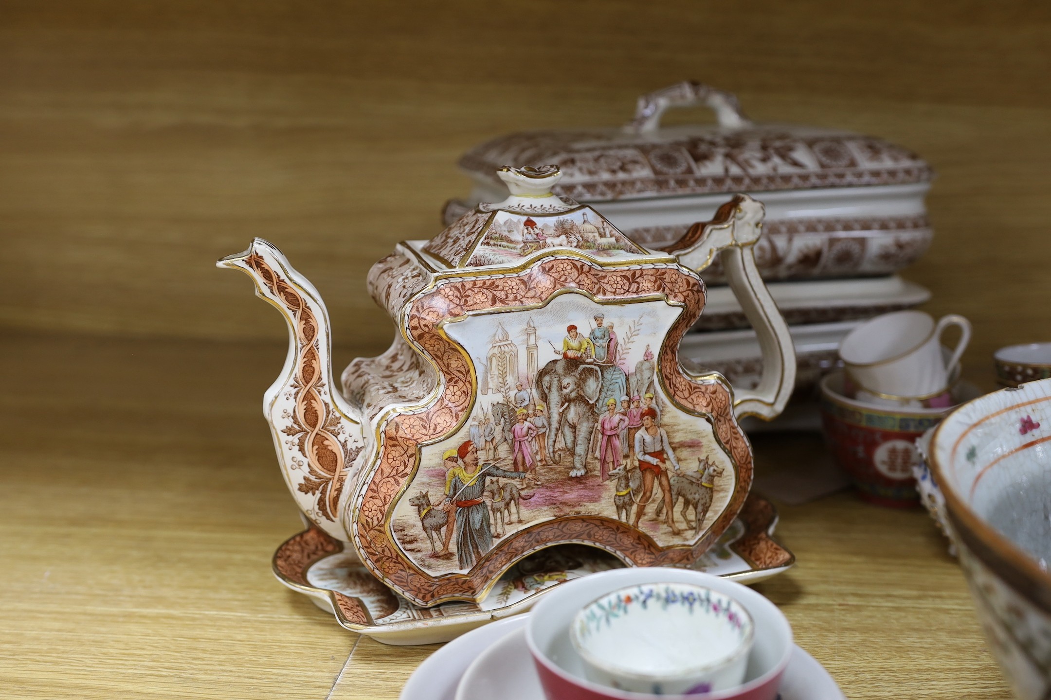 A group of Chinese porcelain, an enamel brush and two Victorian tureens and covers, a teapot etc